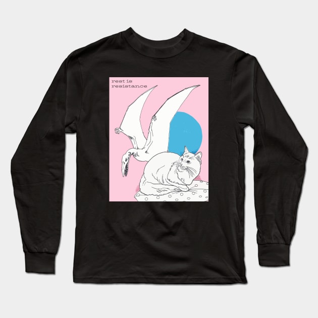 Dinosaur Cat Color Your Own Shirt Coloring Book Collage Rest Is Resistance Y2K Design Long Sleeve T-Shirt by TriangleWorship